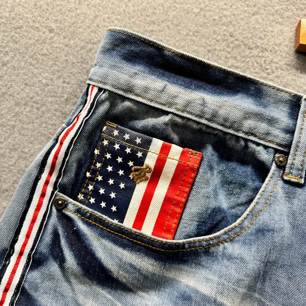 Rocawear Jean Shorts Baggy Fit USA‎ Flag Faded Wash Y2K Mens 50 (50x14 ACTUAL)